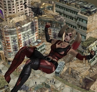 giantess city destruction helicopter blood lying_down harley_quinn twintails vehicles belt digital_render dc_comics hurt roodedude