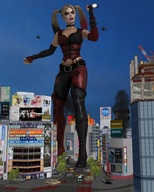 giantess city attack rampage helicopter tank boots harley_quinn twintails vehicles corset belt digital_render dc_comics roodedude