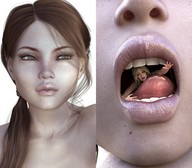 vore long_hair tongue mouth teeth brunette lips face shrunken_woman reaching_out digital_render swadish voresse-oblige