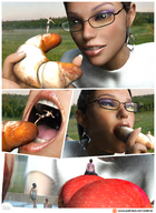 vore tongue mouth teeth glasses story shrunken_men stomach shrunken_people shrunken_woman throat food outdoors willing picnic dialogue panels emi digital_render eatmei