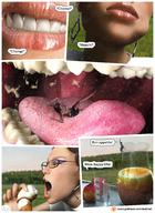 vore tongue mouth teeth glasses story shrunken_men stomach shrunken_people shrunken_woman throat food outdoors willing picnic dialogue panels emi digital_render eatmei