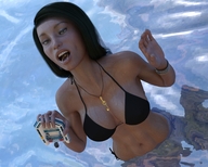 giantess vore black_hair swimsuit handheld ocean wet green_eyes open_mouth boats digital_render papayoya