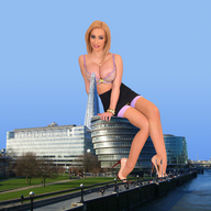 nipples giantess collage city bra high_heels buildings posing sitting looking_at_viewer miniskirt ser-gts cheesie_kay
