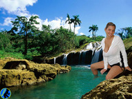 giantess collage cleavage water waterfall sitting outdoors trees looking_at_viewer stream ser-gts