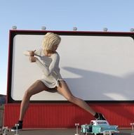 gentle giantess blonde clothed shoes posing legs runswithferrets screen digital_render sweater_dress drive-in_theatre classic_car garbage