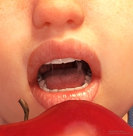 micro feet vore tongue mouth teeth saliva lips apple shrunken_man point_of_view imminent_vore digital_render