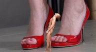 collage feet barefoot high_heels shrunken_man naked_man standing looking_up pedicure