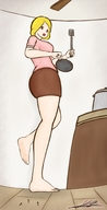 drawing blonde color barefoot short_hair kitchen unaware shrunken_people indoors frying_pan yamumil