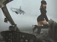 collage city destruction helicopter brunette dress boots skyscraper standing thighs point_of_view looking_at_viewer heeled_boots gts6