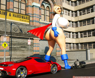 breasts giantess city blonde butt huge_breasts superhero gloves short_hair mini_giantess boots vehicles thighs outdoors cape belt leotard power_girl thick_thighs redfiredog digital_render dc_comics bare_legs skintight_clothing vespa