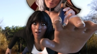white_hair black_hair brown_eyes giantesses point_of_view looking_at_viewer reaching_hand digital_render 0nickm0