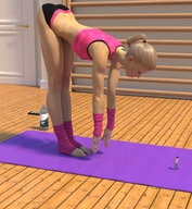 gentle blonde barefoot shrunken_man indoors runswithferrets mat looking_at_tiny digital_render exercising