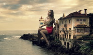 giantess collage ocean high_heels buildings sitting lighthouse nylons clouds sky looking_at_viewer zed782 shoreling