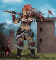 drawing giantess color cleavage knight red_hair horse sandals warrior looking_down tower standing dirt well axe bluerune93