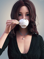 finger brunette hand shrunken_woman tea cup manicure looking_at_viewer imminent_vore sorenzer0 digital_render