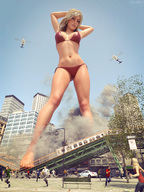 giantess city blonde destruction barefoot buildings helicopter running looking_down people sky bikinis running_away sorenzer0 digital_render heat