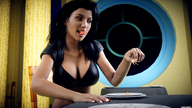 vore black_hair tongue handheld cleavage bra playful table dangle pinned indoors digital_render fater