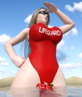 giantess large_breasts long_hair swimsuit beach sunglasses looking_up lifeguard boomgts digital_render