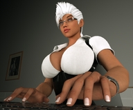 white_hair micro large_breasts glasses hand shrunken_man keyboard boomgts looking_at_tiny digital_render