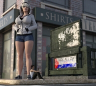 gentle city blonde large_breasts clothed shoes sitting shorts shrunken_man sunglasses standing hoodie cell_phone boomgts curb digital_render
