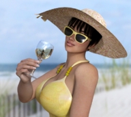 black_hair beach dress short_hair glass shrunken_woman sunglasses hat looking_at_viewer boomgts digital_render