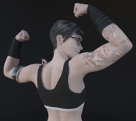 giantess black_hair glasses short_hair muscles shrunken_man flexing tattoo fitness boomgts on_shoulder digital_render