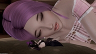 gentle giantess size_difference sleeping black_hair purple_hair lying_down commission digital_render 0nickm0 madamemaeve