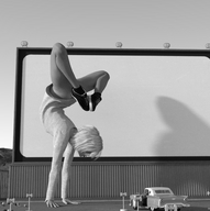 gentle giantess size_difference blonde monochrome clothed shoes posing legs runswithferrets screen digital_render sweater_dress drive-in_theatre classic_car garbage handstands