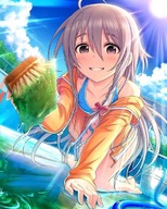 drawing blushing color swimsuit barefoot anime smiling unknown_artist crawling looking_down open_mouth thighs grey_hair grey_eyes point_of_view looking_at_viewer ankles source_needed the_idolmaster_cinderella_girls syoko_hoshi
