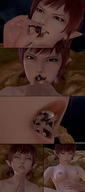 breasts nipples vore blue_eyes elf red_hair short_hair black_eyes hand ears neck between_lips digital_render madamemaeve