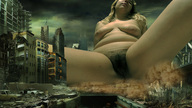giantess collage city blonde destruction pubic_hair sitting ruins dust legs_spread source_needed