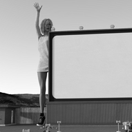 gentle giantess size_difference blonde monochrome clothed shoes posing legs runswithferrets waving screen digital_render sweater_dress drive-in_theatre classic_car garbage
