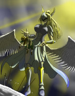 drawing wings blonde large_breasts sword arrows corruptking valkyrie spears eir ludin resurection blond__hair