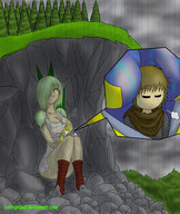 drawing blonde large_breasts wet yellow_eyes wing green_hair giantesses trees annoyed raining corruptking eir ludin ure