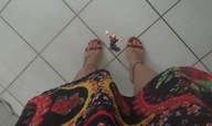 collage high_heels dress shrunken_man standing pedicure tattoo afraid