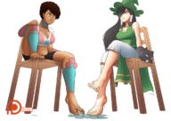 breasts feet black_hair blue_eyes cleavage green_eyes brunette sweat shrunken_people dark_skin spokle