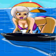 bikini breasts drawing giantess white_hair mega color cleavage ocean red_eyes island ginormica short_hair camera monsters_vs_aliens grey_hair ships susan_murphy purple_lips