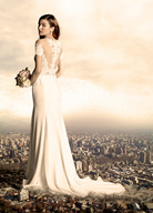 crush collage mega buildings back smoke bride earrings looking_at_viewer looking_behind long_dress bigiolax