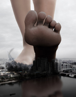 collage city destruction toes soles shadow skyscraper close_up smoke under_foot imminent_crush bigiolax