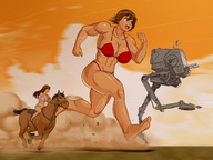 bikini breasts drawing giantess mega color barefoot brunette brown_eyes horse muscles star_wars running at-st_walker issei06