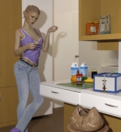blonde clothed jeans ponytail kitchen shrunken_man food counter runswithferrets looking_at_tiny digital_render