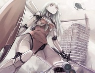 drawing giantess white_hair city color mecha destruction sword helicopter red_eyes warrior source_needed shield