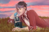 drawing color smiling lying_down short_hair shrunken_woman grass looking_at_tiny sosinsoup