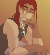 drawing color giant handheld red_hair unknown_artist muscles shrunken_woman arm dangle orange_eyes looking_at_tiny