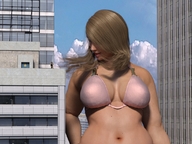 city mega blonde long_hair cleavage bra buildings navel looking_down rooftop digital_render mindmedic
