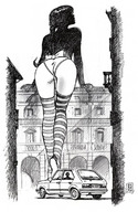 drawing giantess panties city mega monochrome butt buildings streets vehicles bow milo_manara leaning_on_building stripped_socks