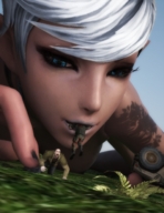 giantess white_hair nude vore blue_eyes finger blood cruel pinned looking_at_tiny digital_render smogass