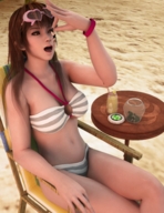 swimsuit brunette navel kasumi shrunken_people open_mouth sunglasses between_fingers imminent_vore pinched digital_render smogass