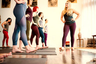 collage blonde long_hair barefoot brunette red_hair shrunken_men foot_crush women pants class yoga_mat