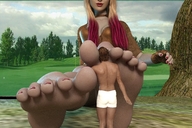 gentle giantess blonde long_hair clothed barefoot cleavage foot_worship sitting shorts between_toes pedicure golf_course digital_render dofus59